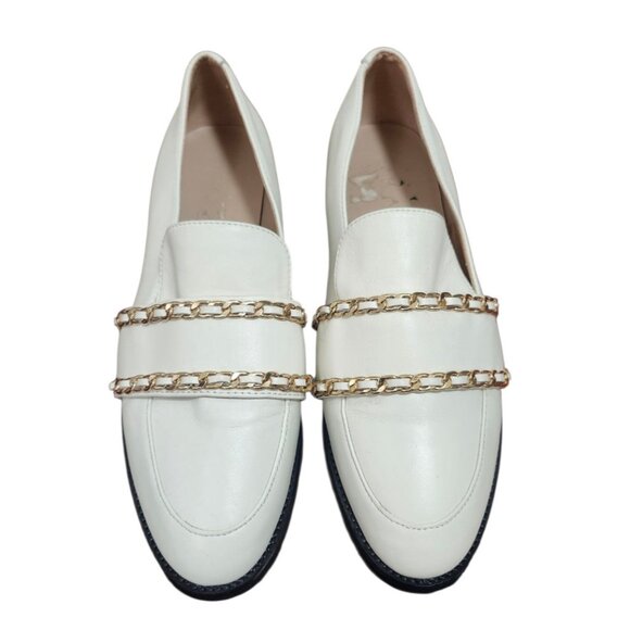 Karl Lagerfeld Paris Womens Loafers 8/38.5B Cream Leather Gold Chain Trim Chunky - Picture 3 of 11